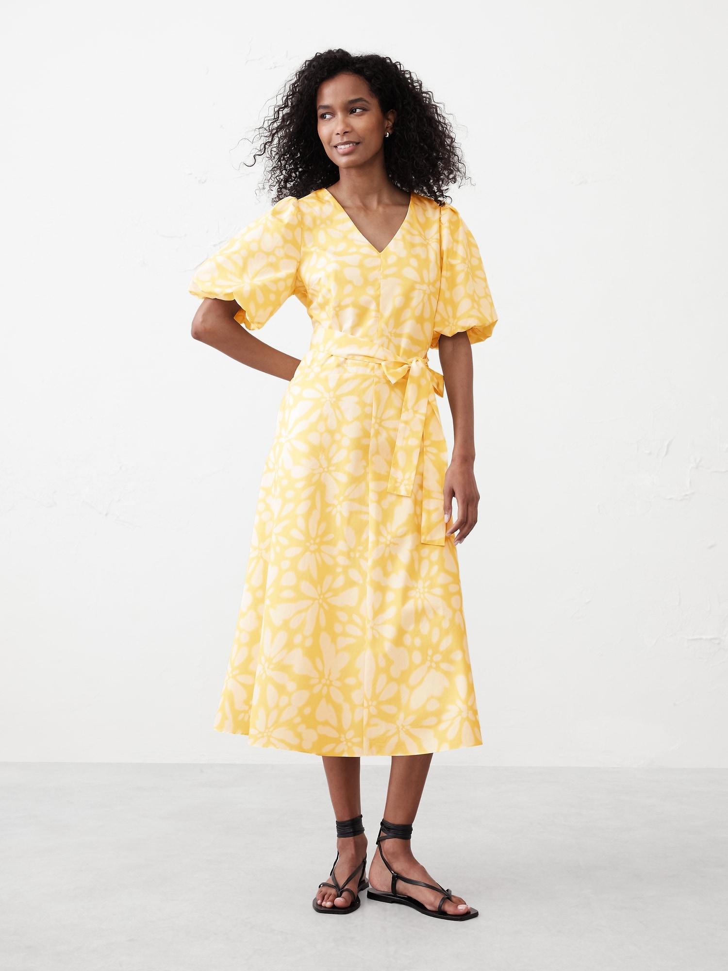 Puff-Sleeve Poplin Midi Dress Product Image