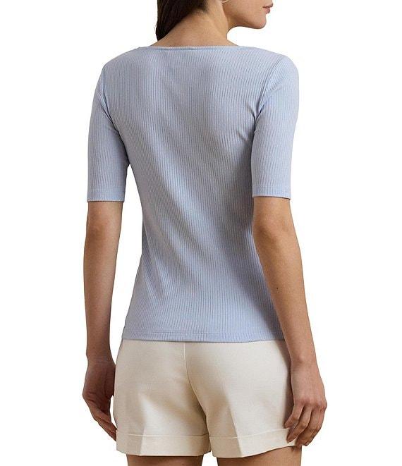 Lauren Ralph Lauren Cotton Blend Rib-Knit Scoop Neck Elbow Sleeve Tee Product Image