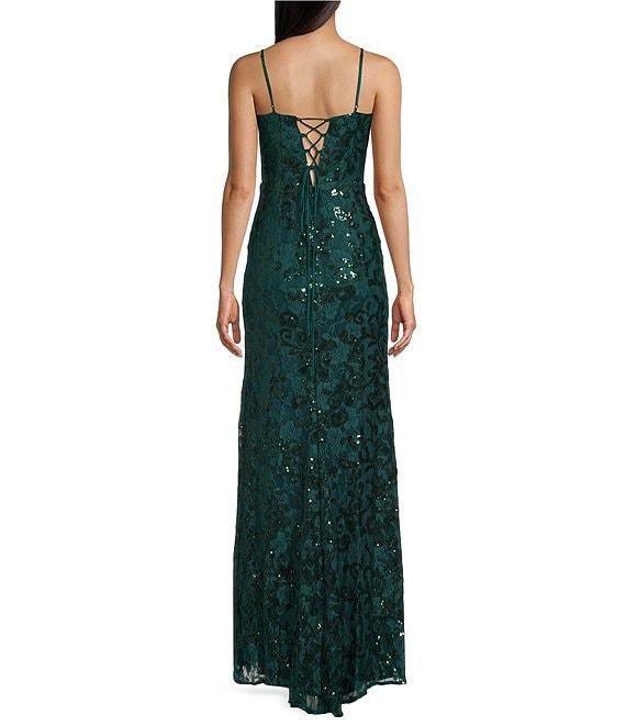 Blondie Nites Spaghetti Strap V-Neck Full Lace Strap Tie Back Dress Product Image