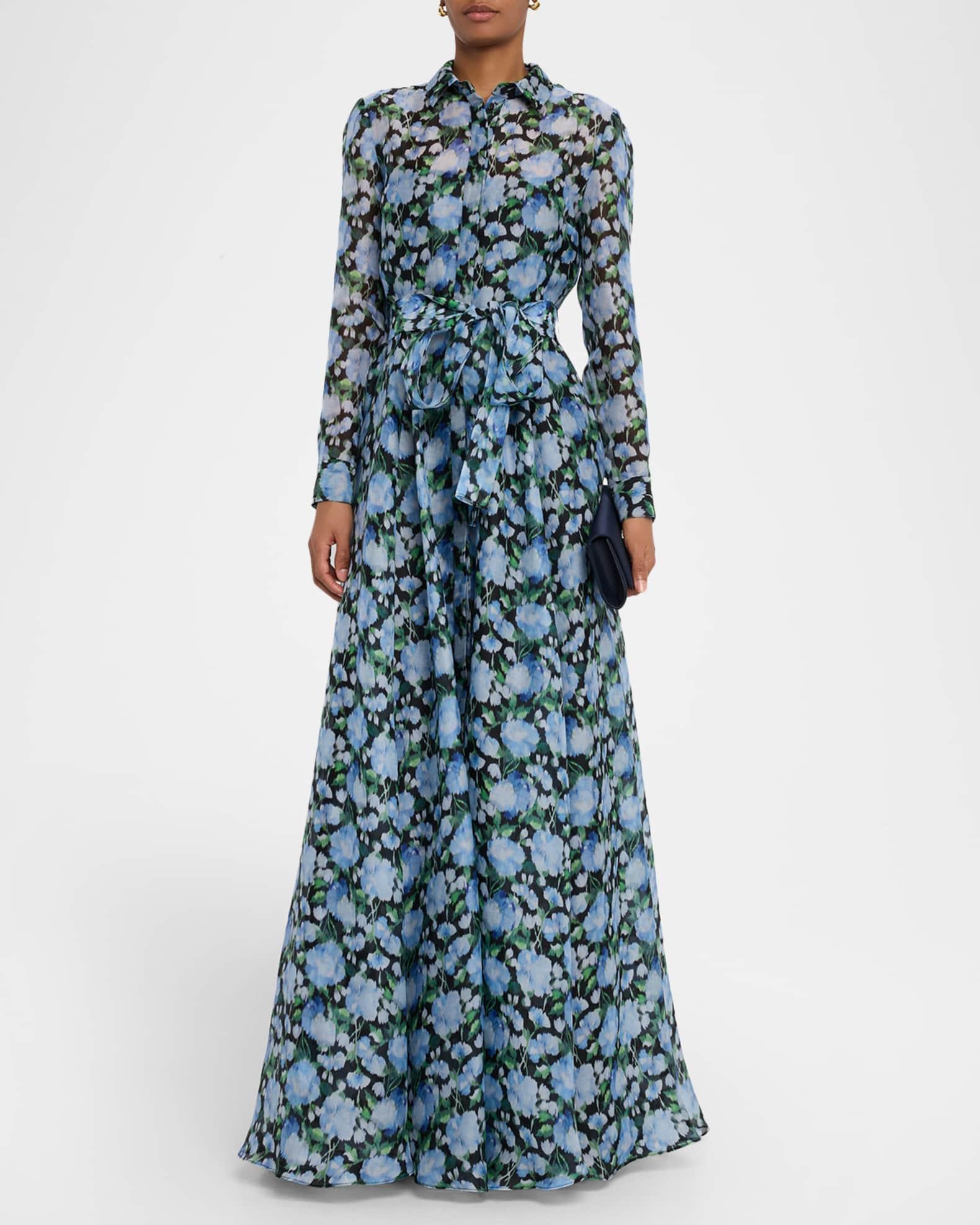 Floral Silk Long-Sleeve Trench Gown Product Image