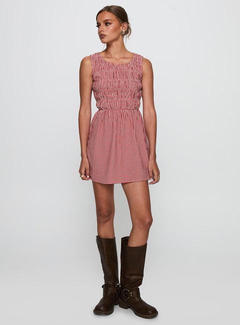 Winxie Shirred Mini Dress Red Gingham Product Image