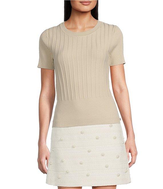KARL LAGERFELD PARIS Knit Scoop Neck Short Sleeve Ribbed Top Product Image