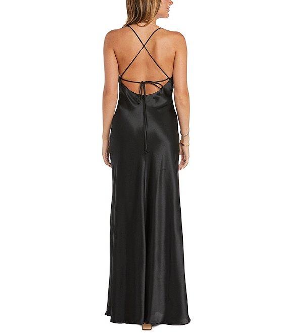 Morgan & Co. Sleeveless Long Spaghetti Strap Charmeuse Draped Front And X Back Long Dress Product Image