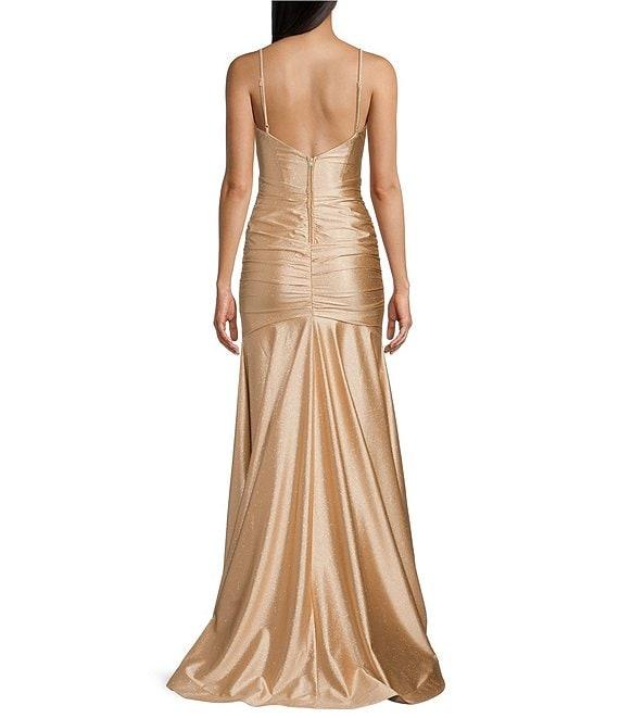 Honey and Rosie Glitter Knit Scoop Neck Spaghetti Strap Low Back Shirred Gown Product Image