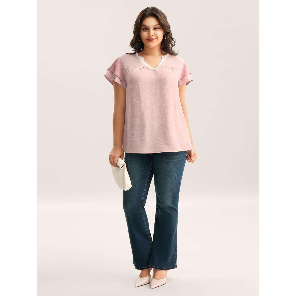 Plus Size Nudepink Color Contrast Ruffled Notched Collar Blouse Women Short sleeve Notched collar Everyday-Elegant Blouses BloomChic 10/M Product Image