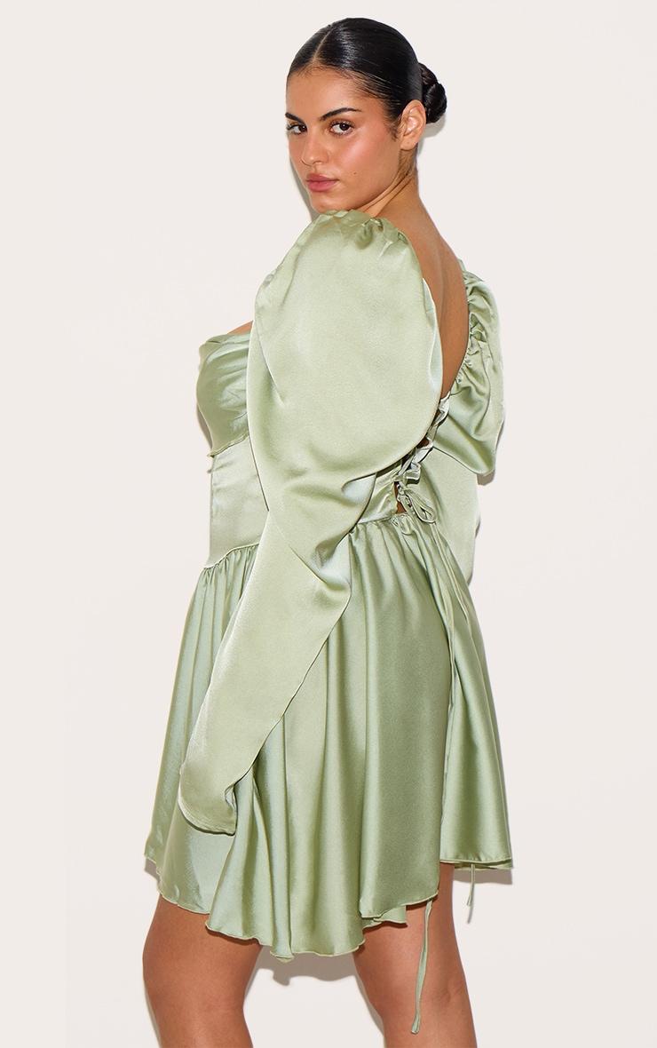 Plus Sage Green Satin Corset Detail Puffball Shift Dress Product Image