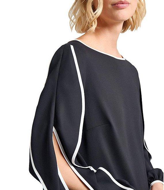 MISOOK Contrast Trim Crepe Boat Neck Butterfly Sleeve Blouse Product Image