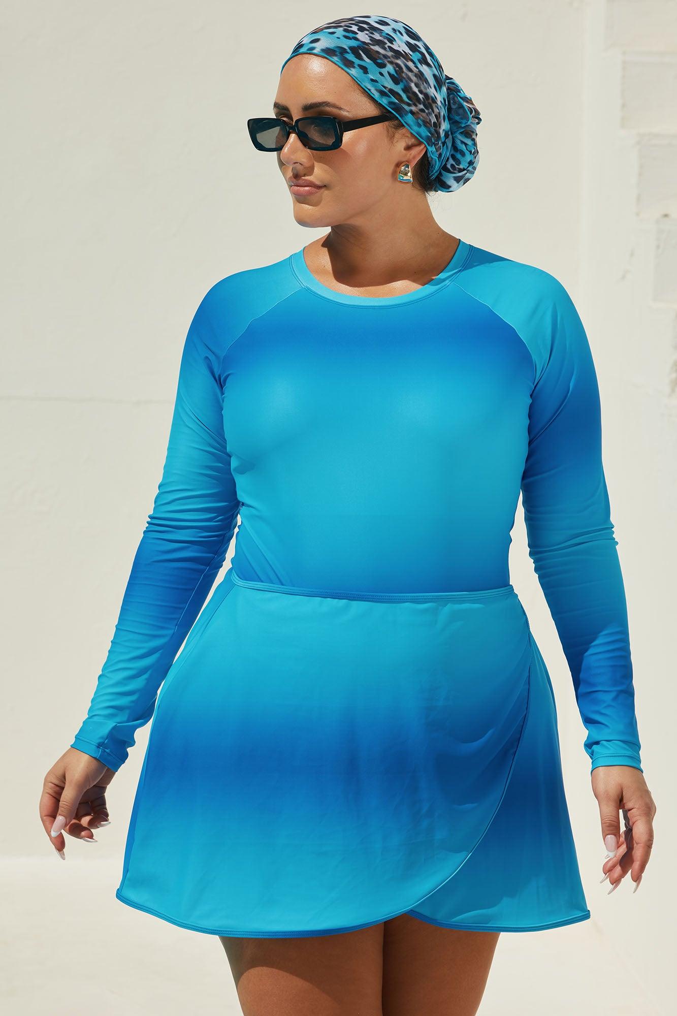 Fatima Rashguard Leggings & Skirt 3 Piece Burkini Swimsuit Set - Blue/combo Product Image