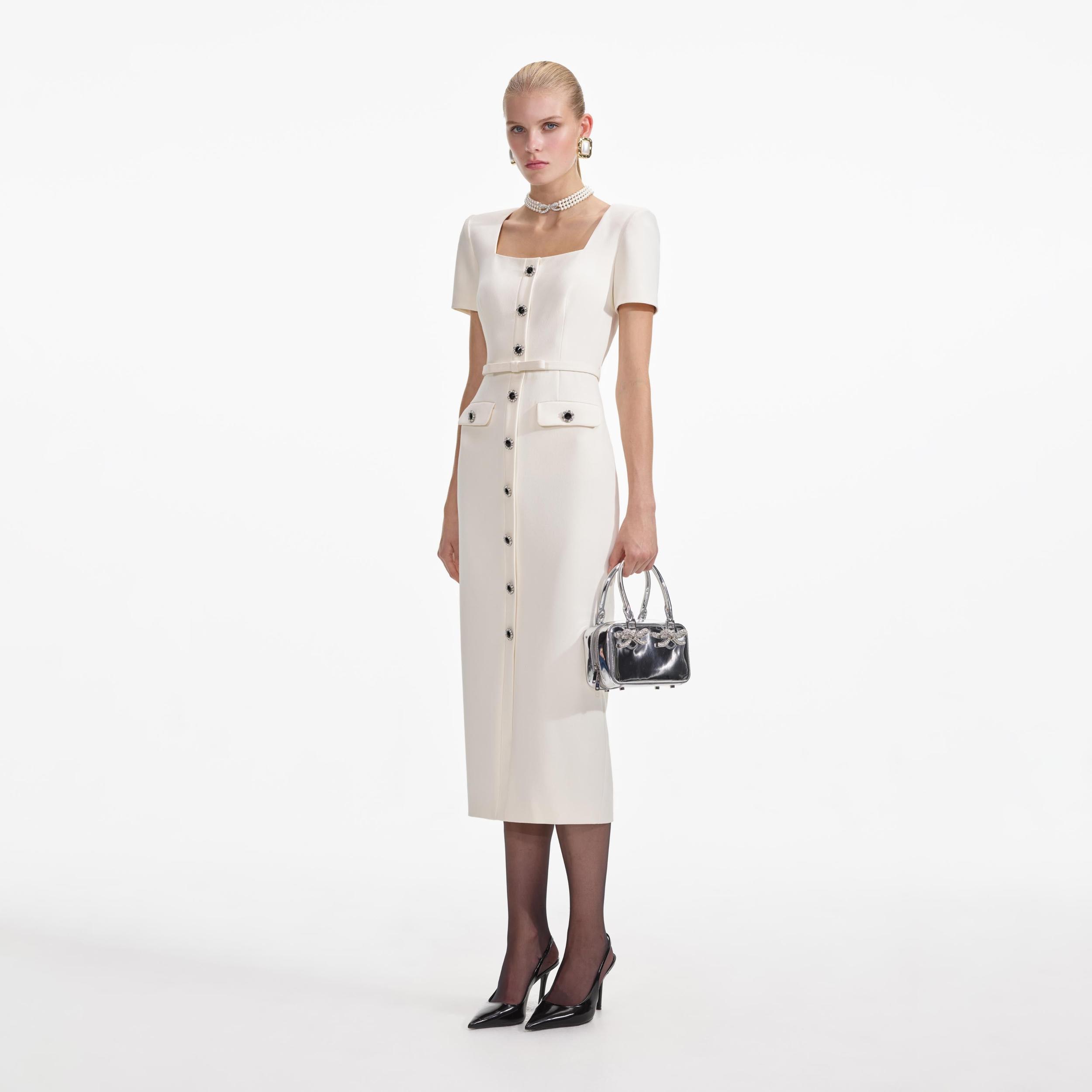 Cream Crepe Button Midi Dress Product Image