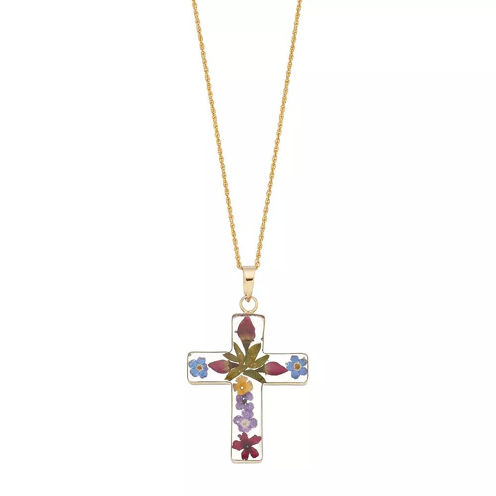 24k Gold Over Silver Pressed Flower Cross Pendant Necklace, Women's, Size: 18", Sterling Product Image
