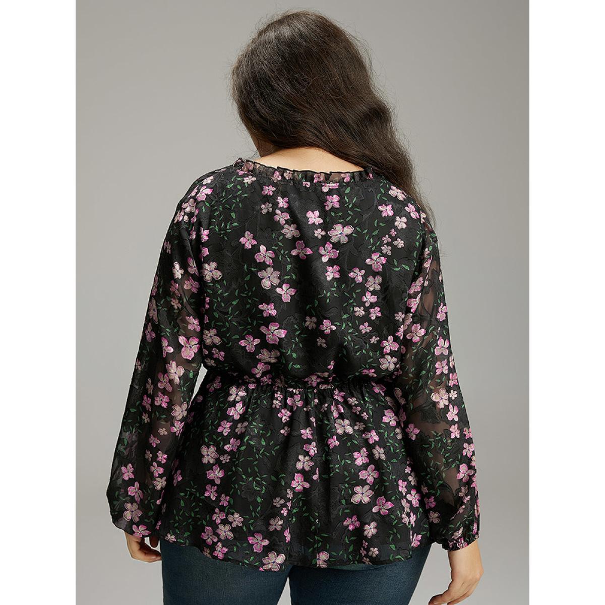 Plus Size Black Floral Print Frill Trim Blouse Women Elegant Long Sleeve V-neck Dailywear Blouses BloomChic 12/L Product Image