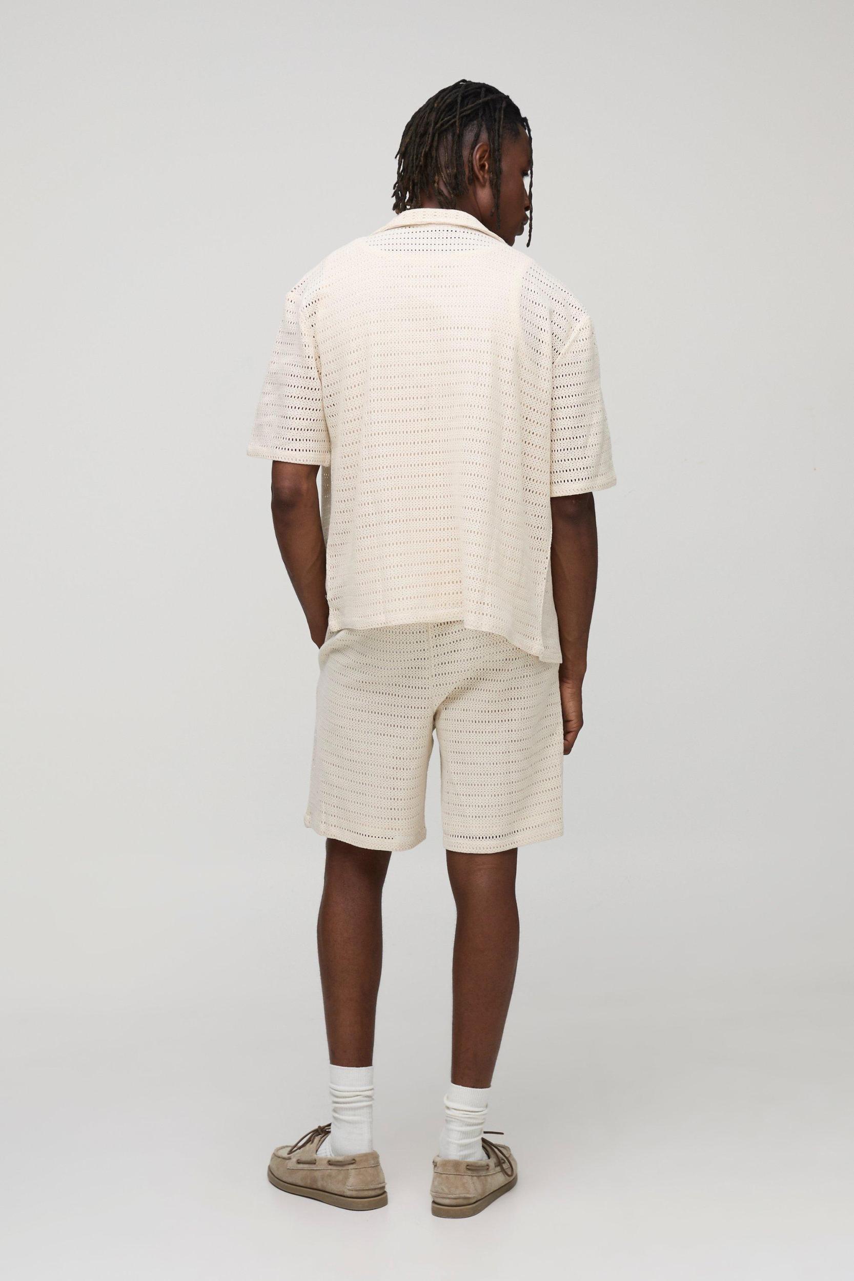 Tall Oversized Open Texture Boxy Revere Shirt and Short Set | boohooMAN USA Product Image