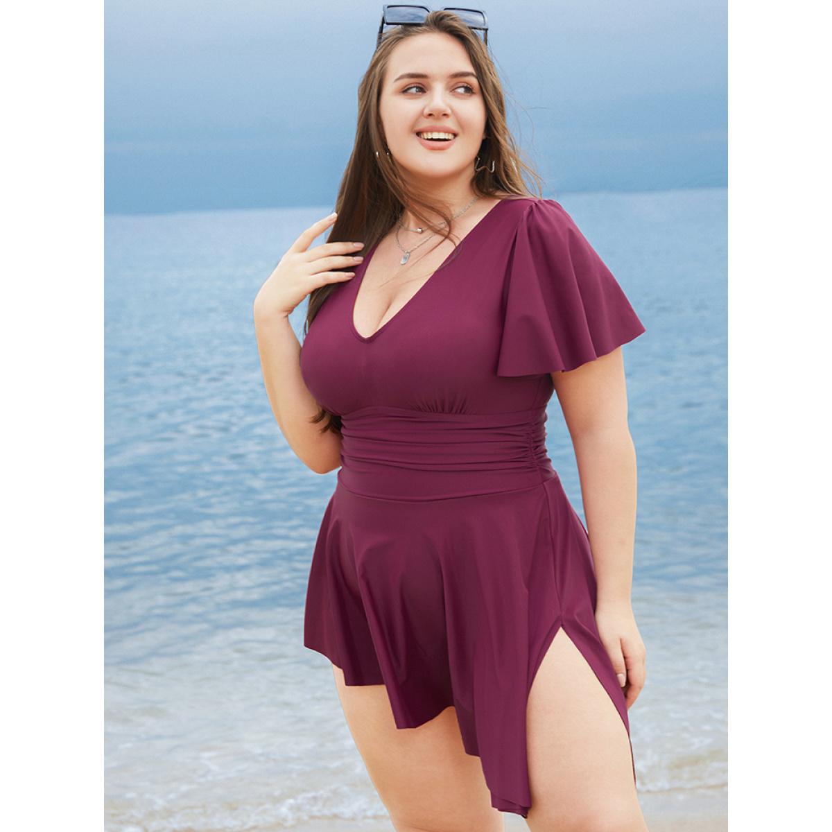Plus Size Plain Sculpt Waist Split Hem Ruffles Ruched Swim Dress Women's Swimwear RedViolet Vacation Bodycon V-neck High stretch Curve Swim Dresses BloomChic 22-24/3X Product Image