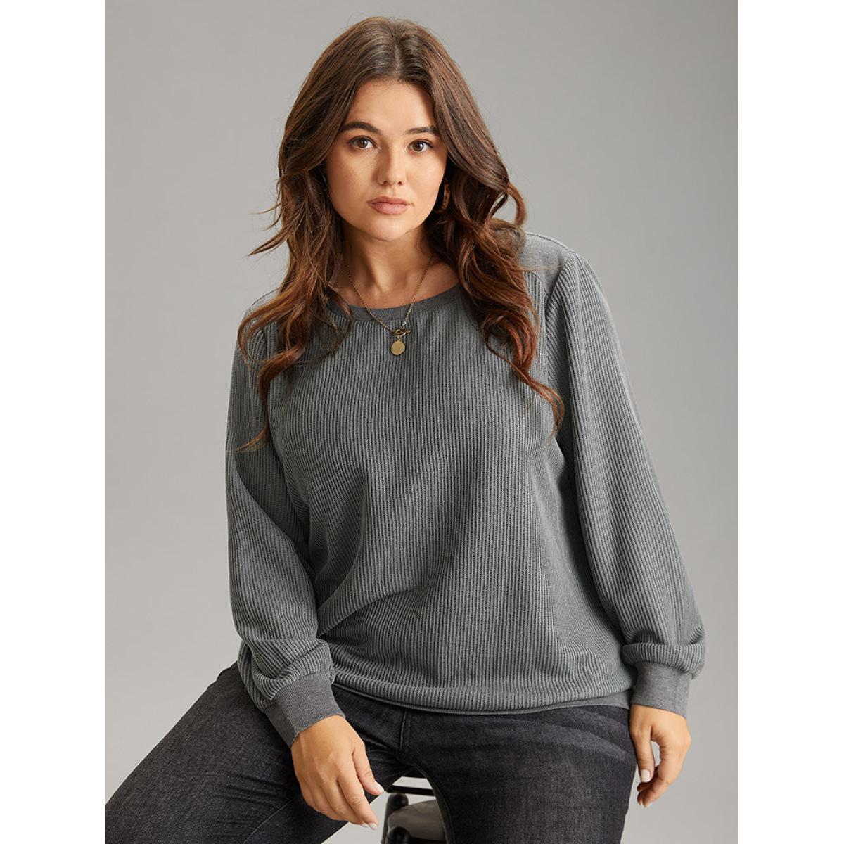 Plus Size Plisse Solid Elastic Hem Crew Neck Sweatshirt Women Gray Casual Rib Knit Round Neck Everyday Sweatshirts BloomChic 18-20/2X Product Image