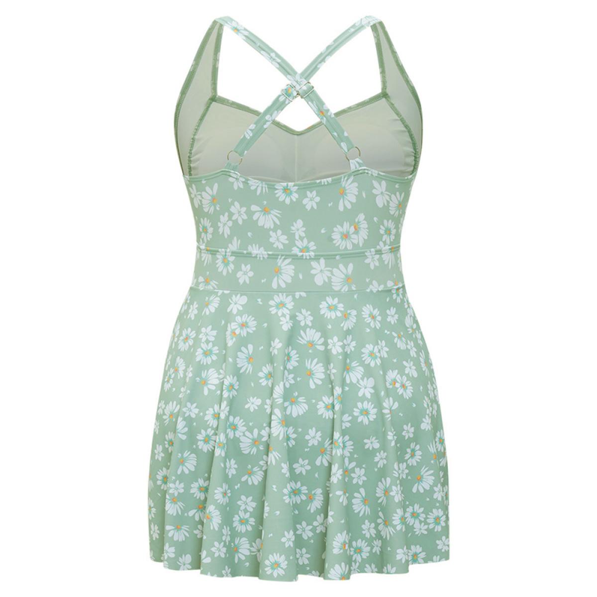 Plus Size Daisy Floral Crossover Flutter Empire Waist Swim Dress Women's Swimwear LightGreen Vacation Bodycon Asymmetrical Neck High stretch Curve Swim Dresses BloomChic 14-16/1X Product Image