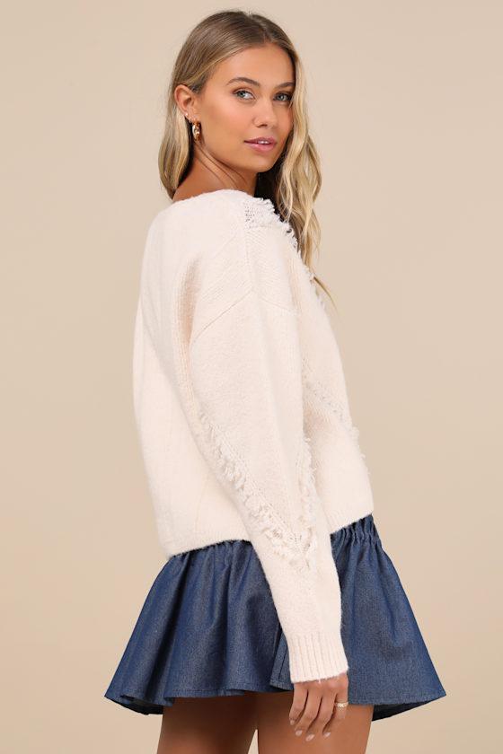 Trendy Warmth Cream Fringe V-Neck Pullover Sweater Product Image