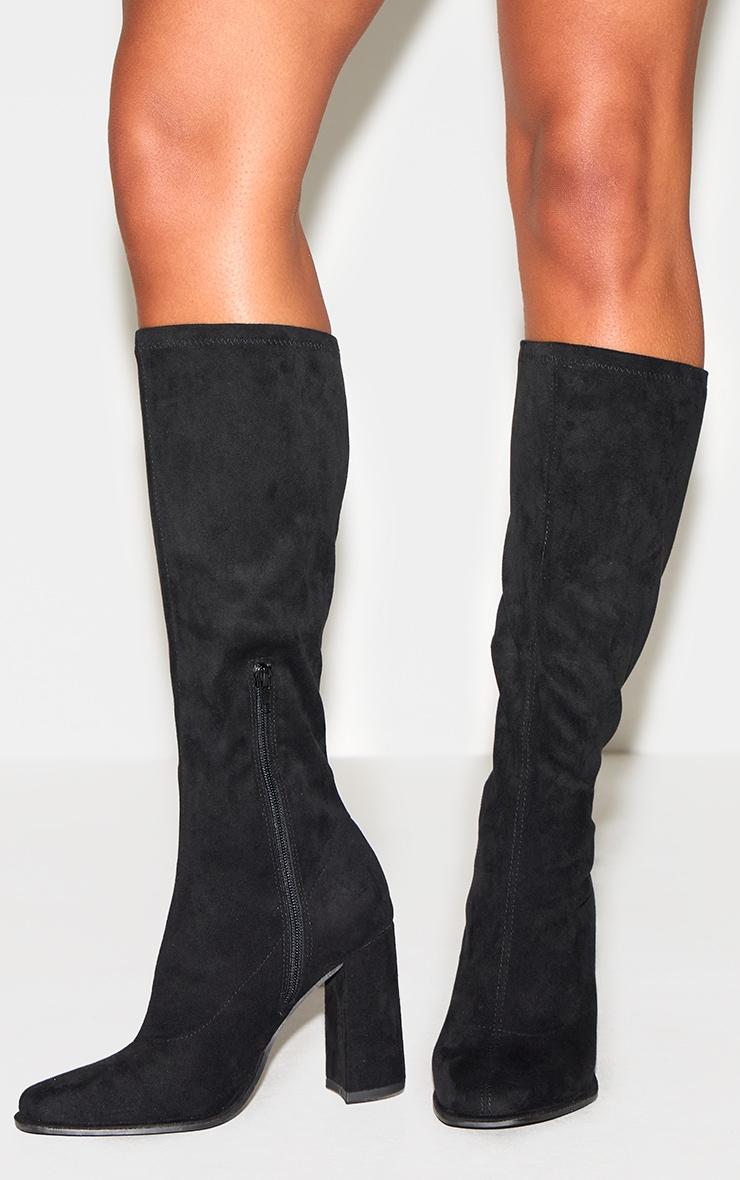 Black Faux Suede Round Toe High Block Heel Knee High Boots Product Image