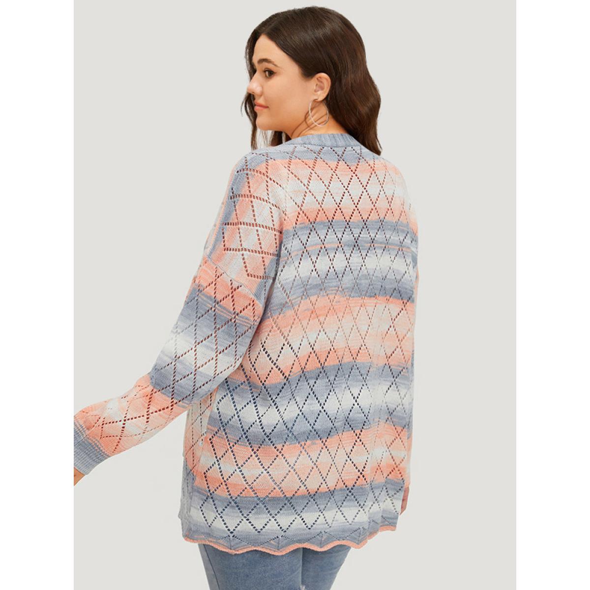 Plus Size Ombre Pocket Scalloped Trim Button Down Cardigan Coral Women Casual Loose Long Sleeve Dailywear Cardigans BloomChic 12/L Product Image