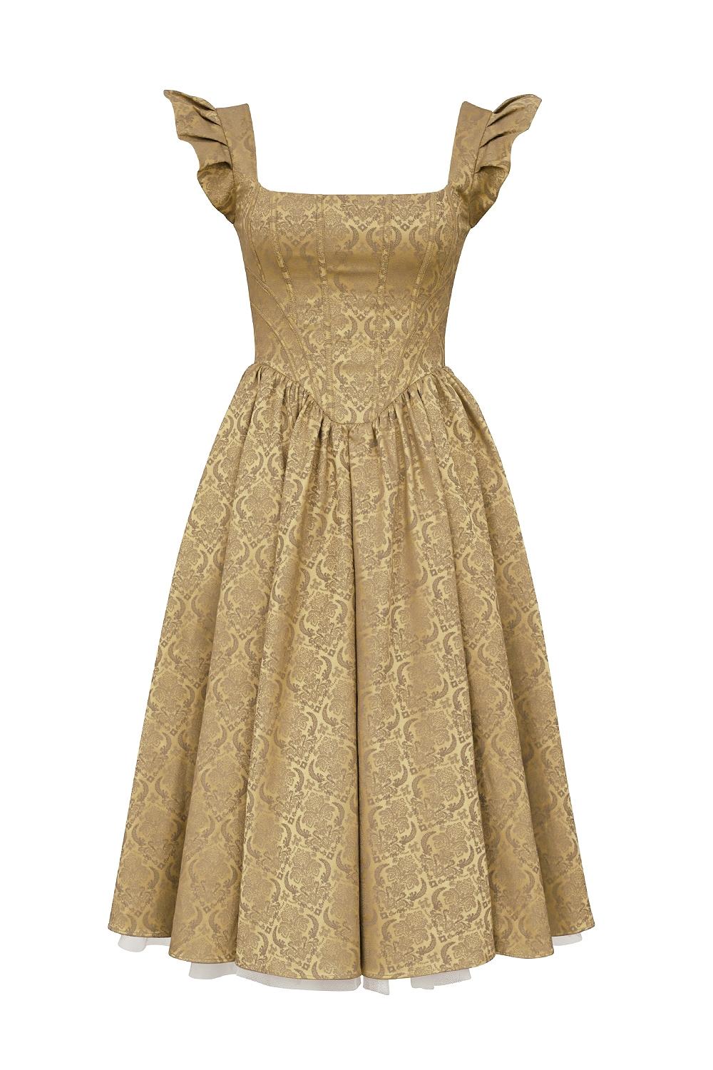 Alessandra  gold jacquard midi dress with detachable bow - sale Product Image