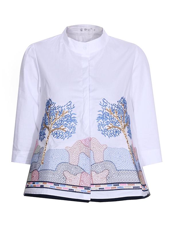 Casual Three-Quarter Sleeves Loose Embroidered Stand Collar Blouses&Shirts Tops Product Image
