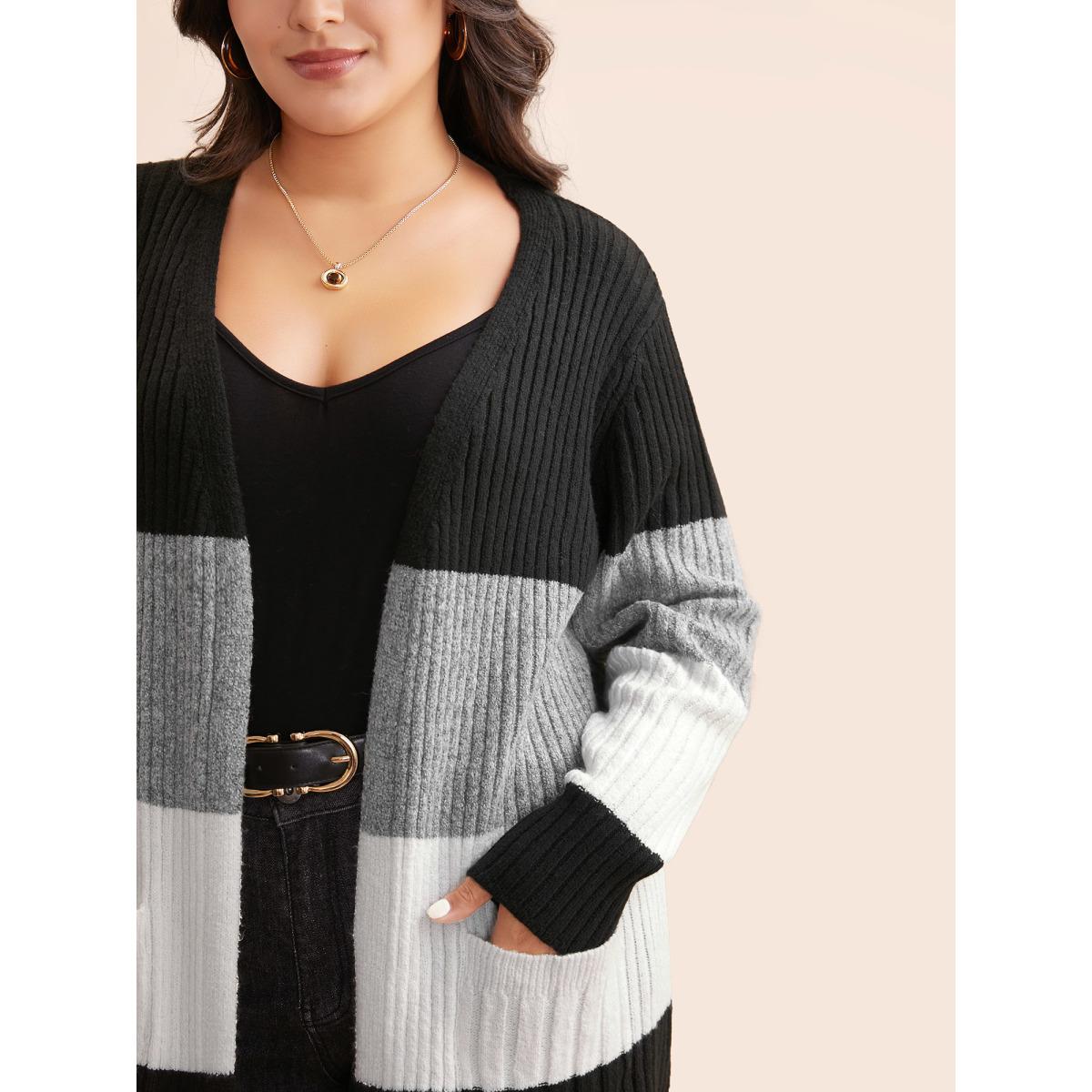 Plus Size Colorblock Contrast Patched Pocket Cardigan Black Women Casual Loose Long Sleeve Everyday Cardigans BloomChic 12/L Product Image