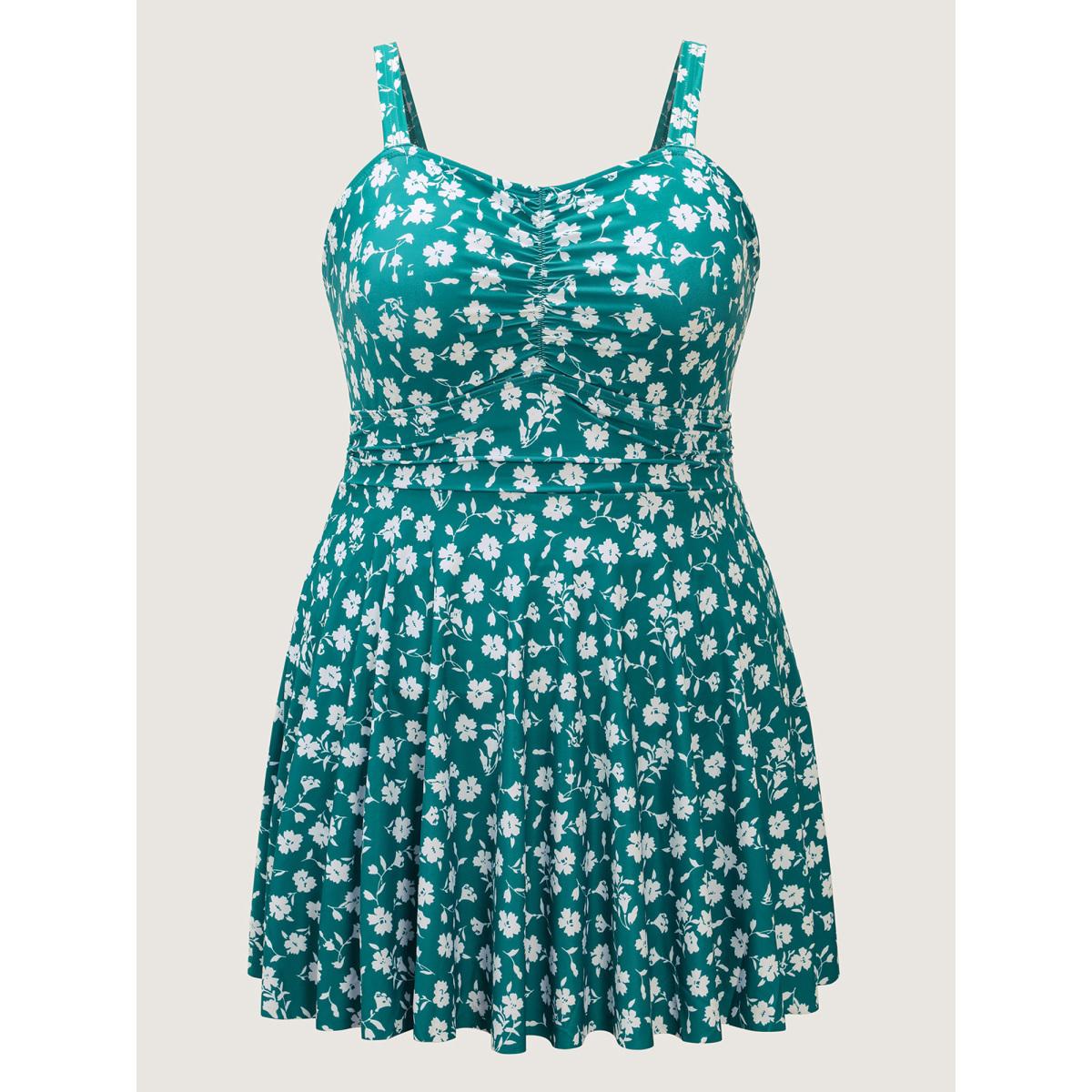 Plus Size Ditsy Floral Ruched Empire Waist Swim Dress Women's Swimwear Teal Resort Bodycon Heart neckline High stretch Curve Swim Dresses BloomChic 26/4X Product Image