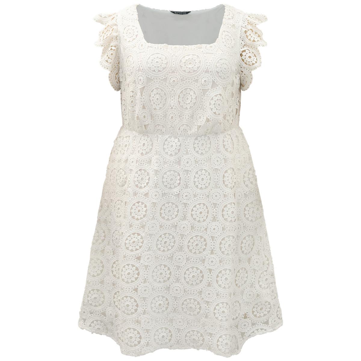 Plus Size Plain Lace Flutter Trim Pocket Square Neck Dress White Women Glamour Lined Square Neck Sleeveless Curvy Midi Dress BloomChic 14-16/1X Product Image