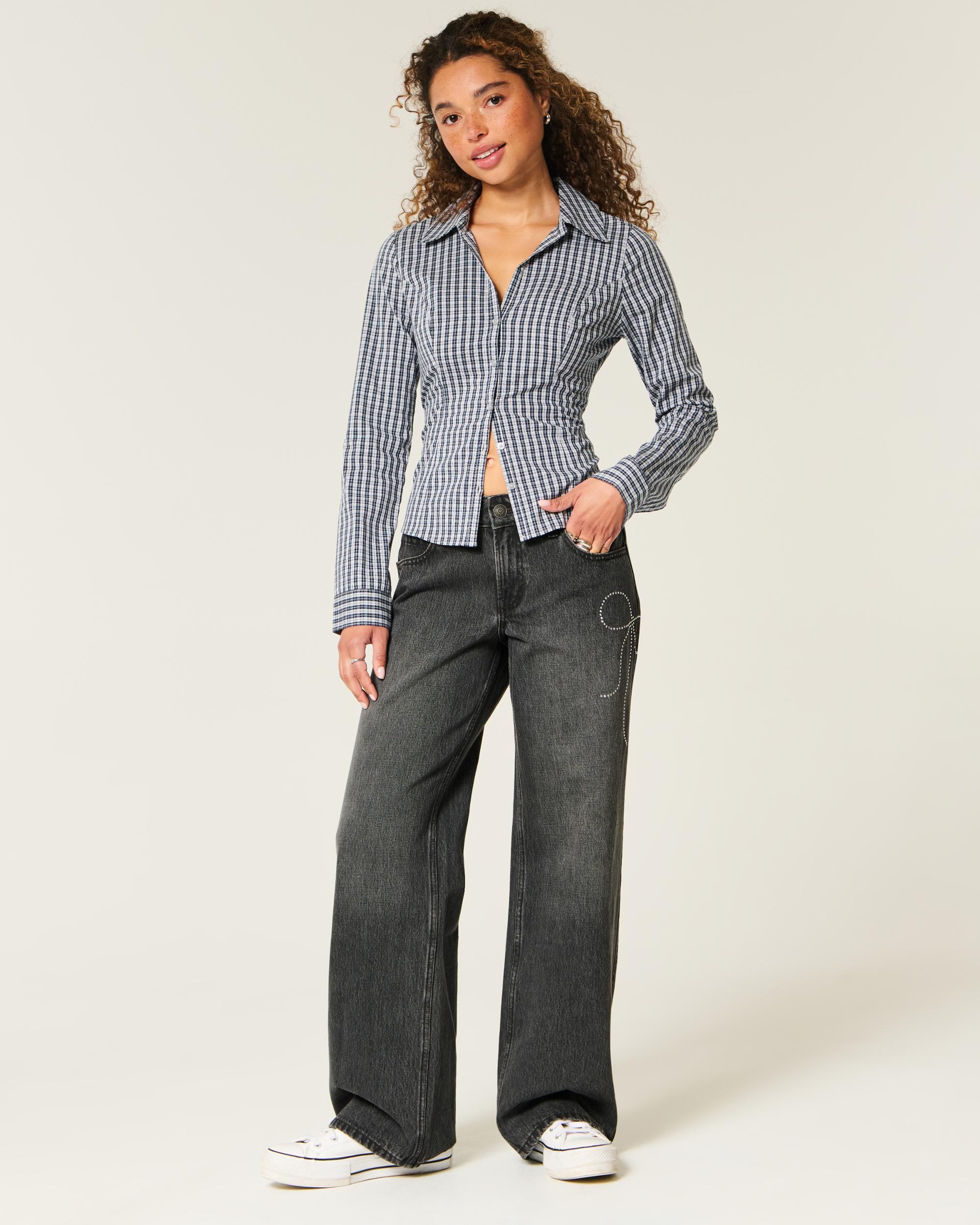 Low-Rise Washed Black Shine Bow Baggy Jeans Product Image