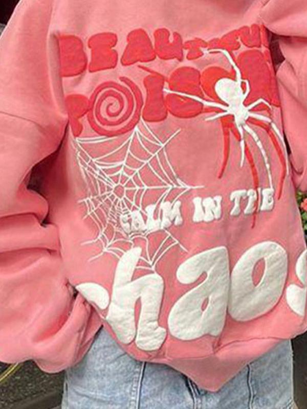 Hip Pop Letter Spider Web Print Oversized Hoodie Product Image