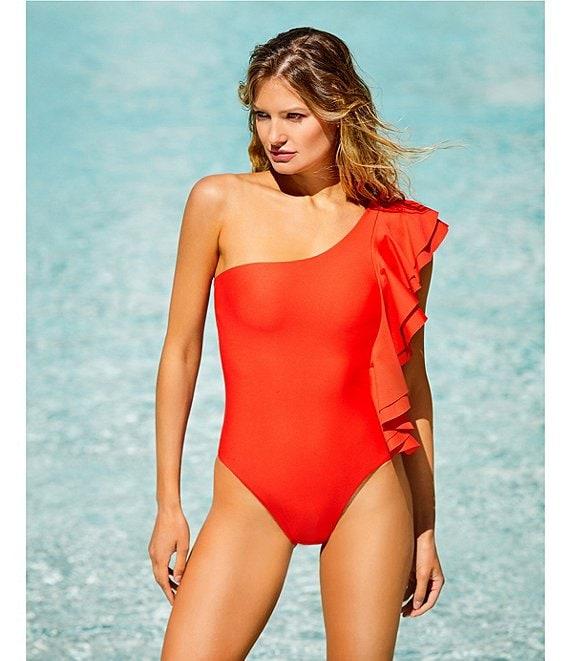 Antonio Melani Solid One Shoulder Ruffle One Piece Swimsuit Product Image