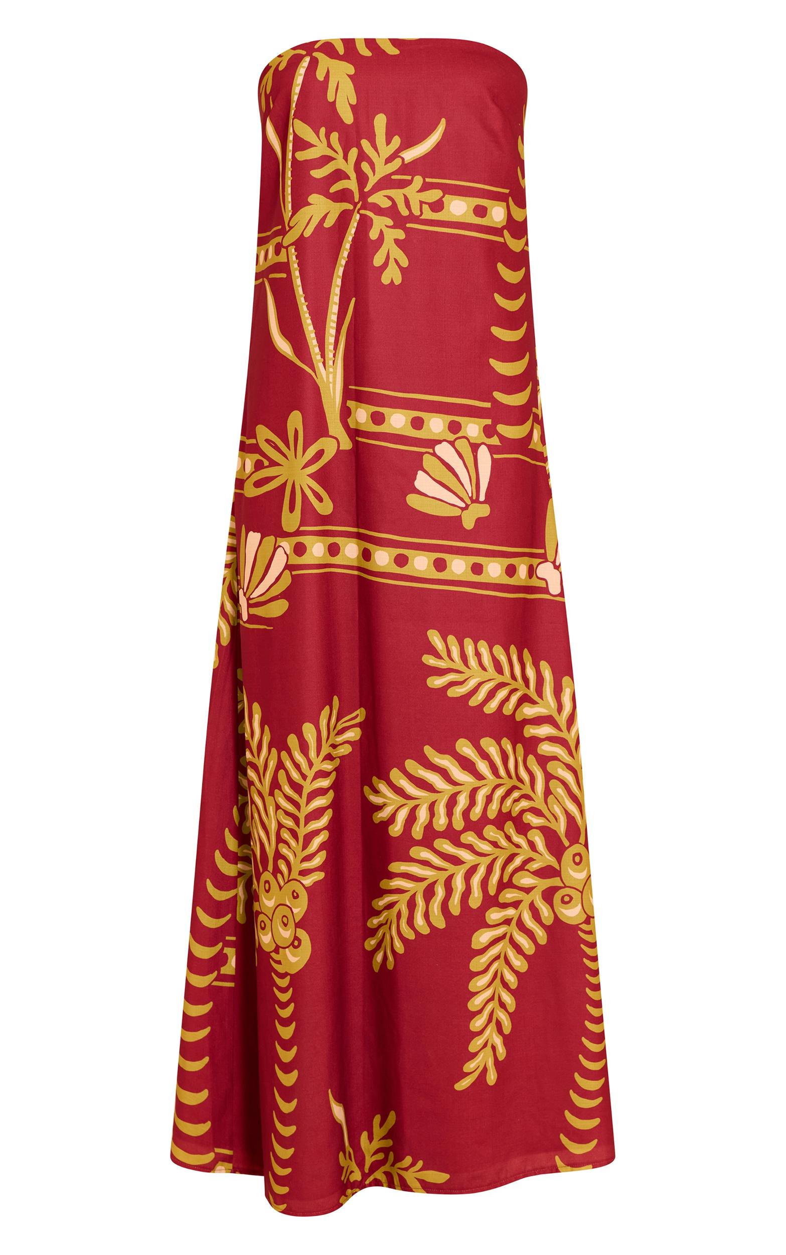 Deep Red Palm Print Woven Bandeau Maxi Dress Product Image