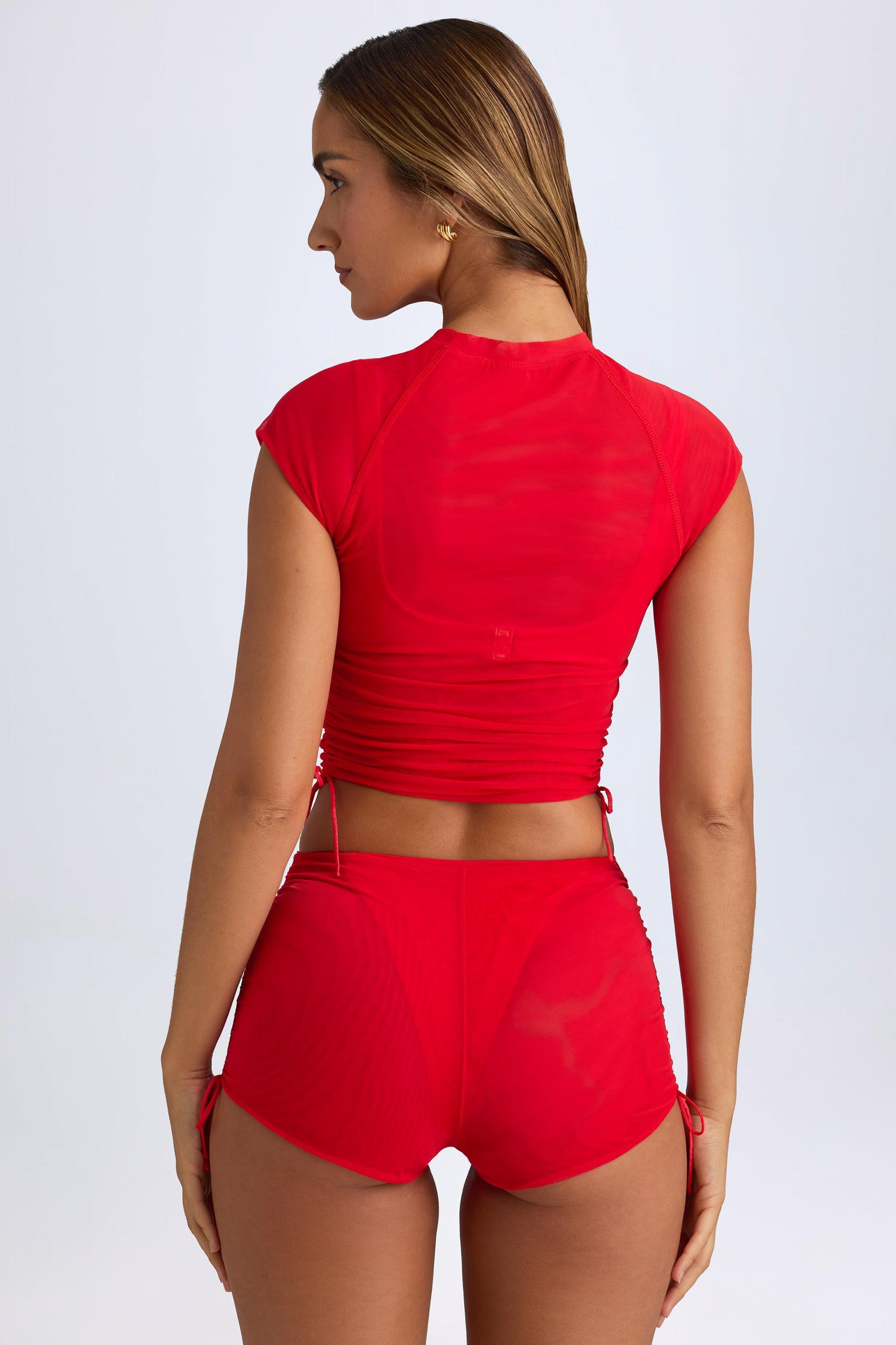 Sheer Ruched Mini Shorts in Fiery Red Female Product Image