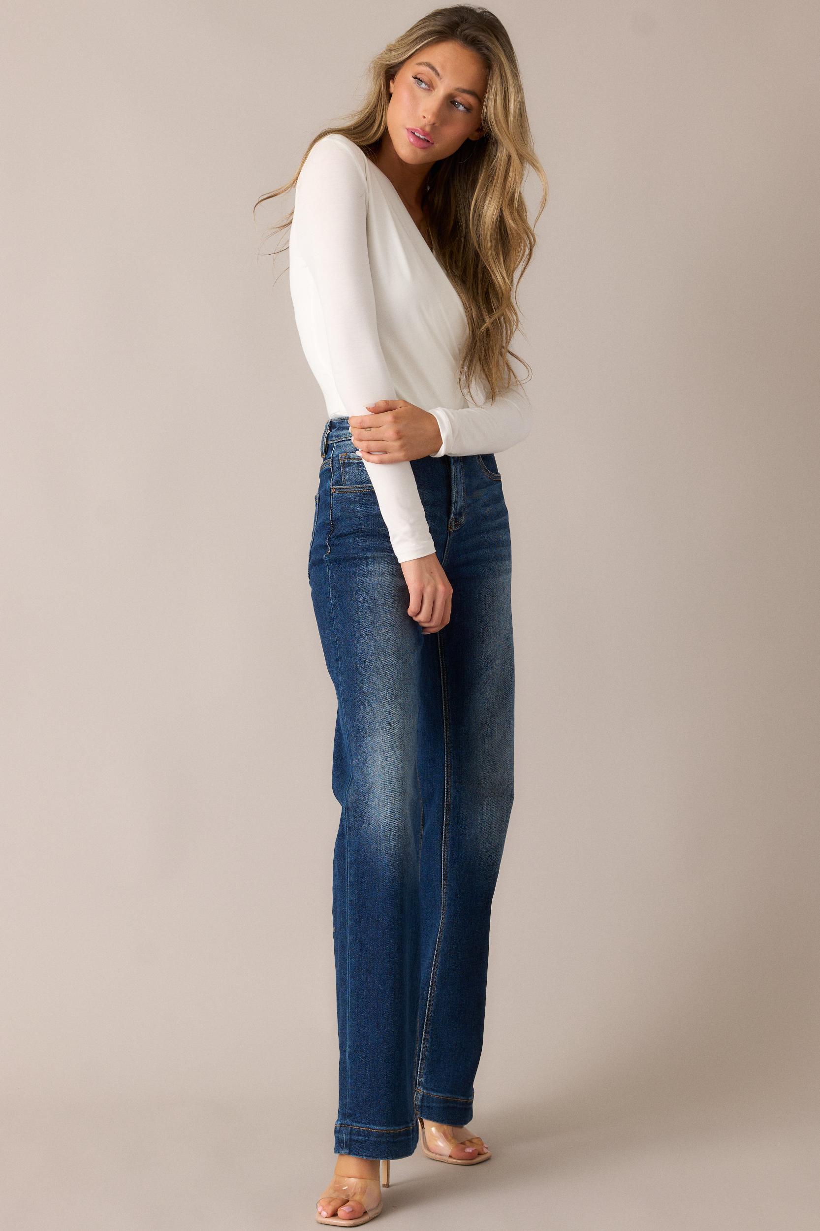 New Moon Rising Dark Wash Mid Rise Straight Leg Jeans Product Image