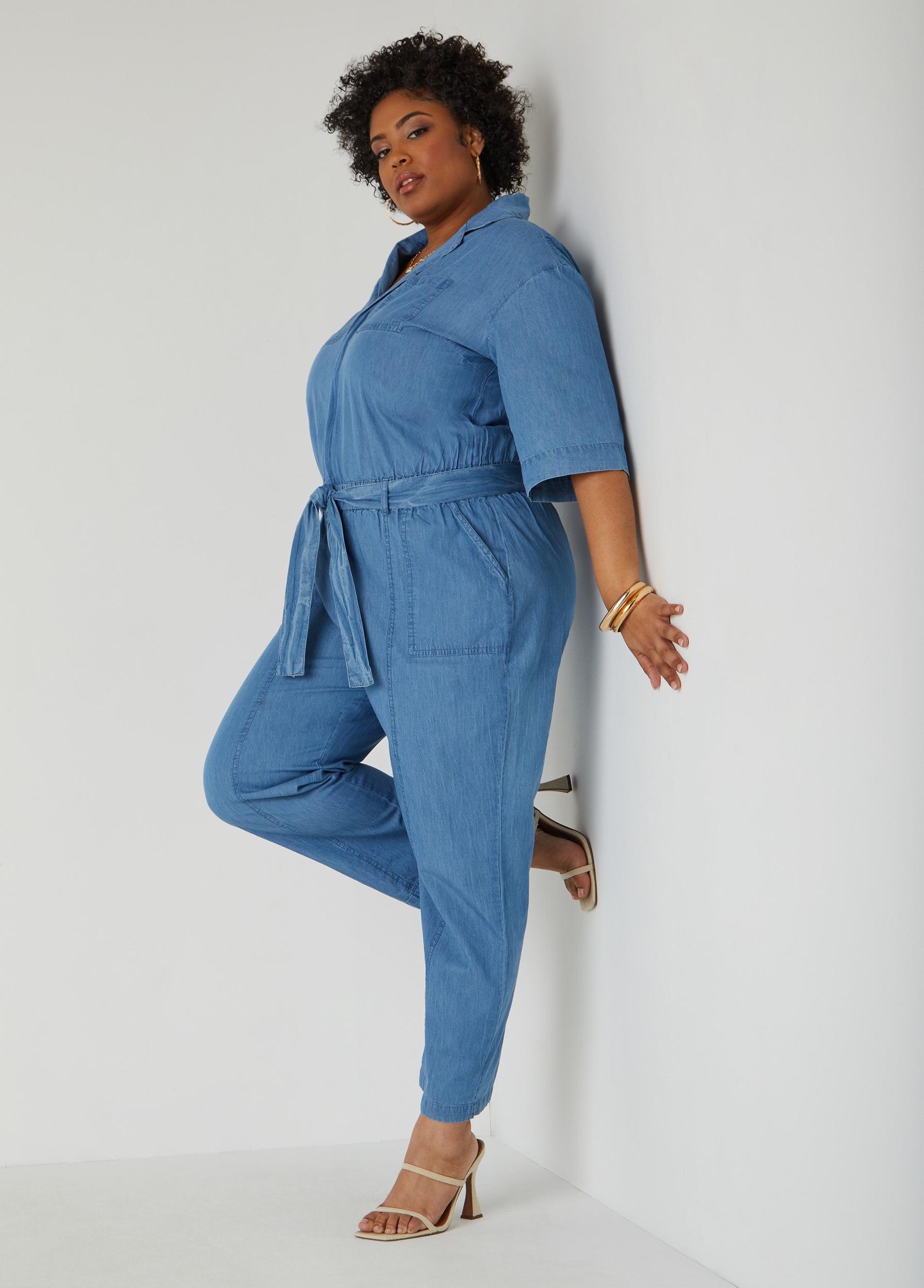 Plus Size Belted Chambray Jumpsuit Ashley Stewart Product Image