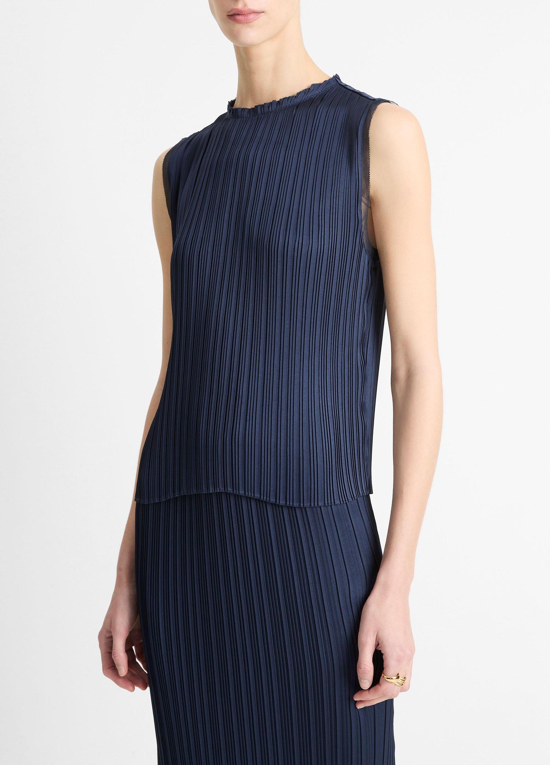 Pleated Satin Crew Neck Shell Product Image