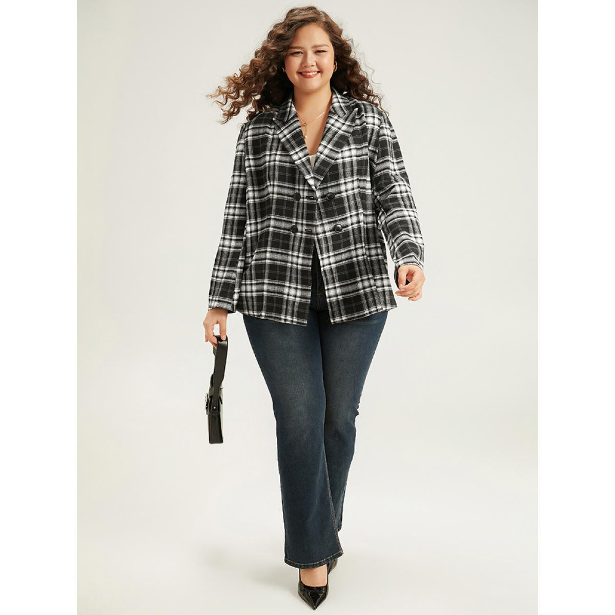 Plus Size Plaid Suit Collar Button Fly Blazer Black Women Work Plaid Contrast Sleeve Long Sleeve Suit Collar 26/4X Office Blazers BloomChic Product Image