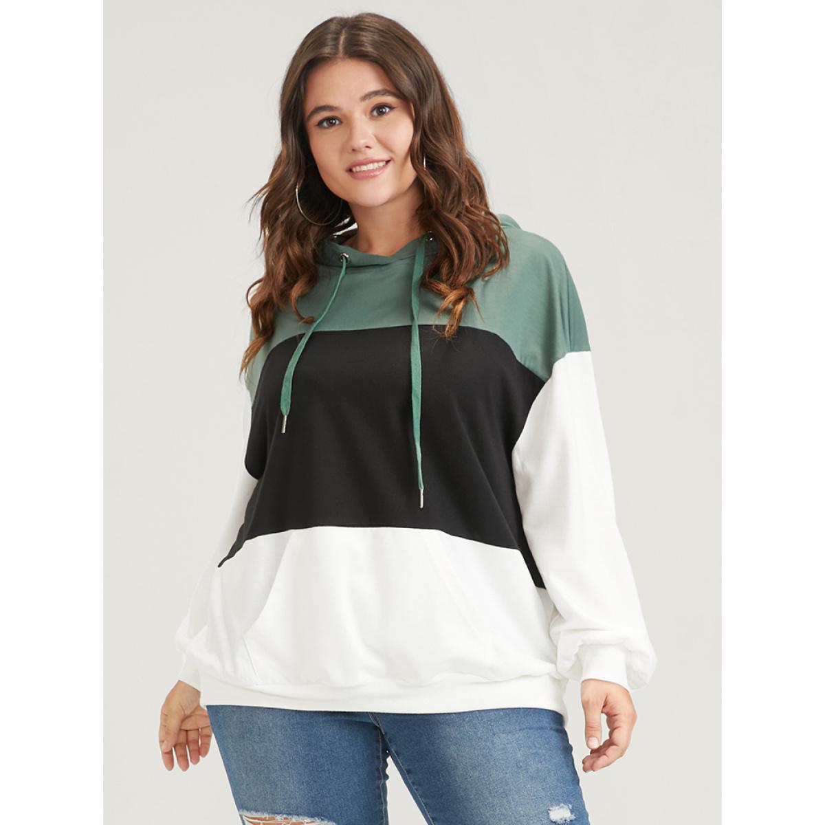 Plus Size Colorblock Contrast Drawstring Pocket Hooded Drop Shoulder Sweatshirt Women Multicolor Casual Contrast Hooded Dailywear Sweatshirts BloomChic 14-16/1X Product Image
