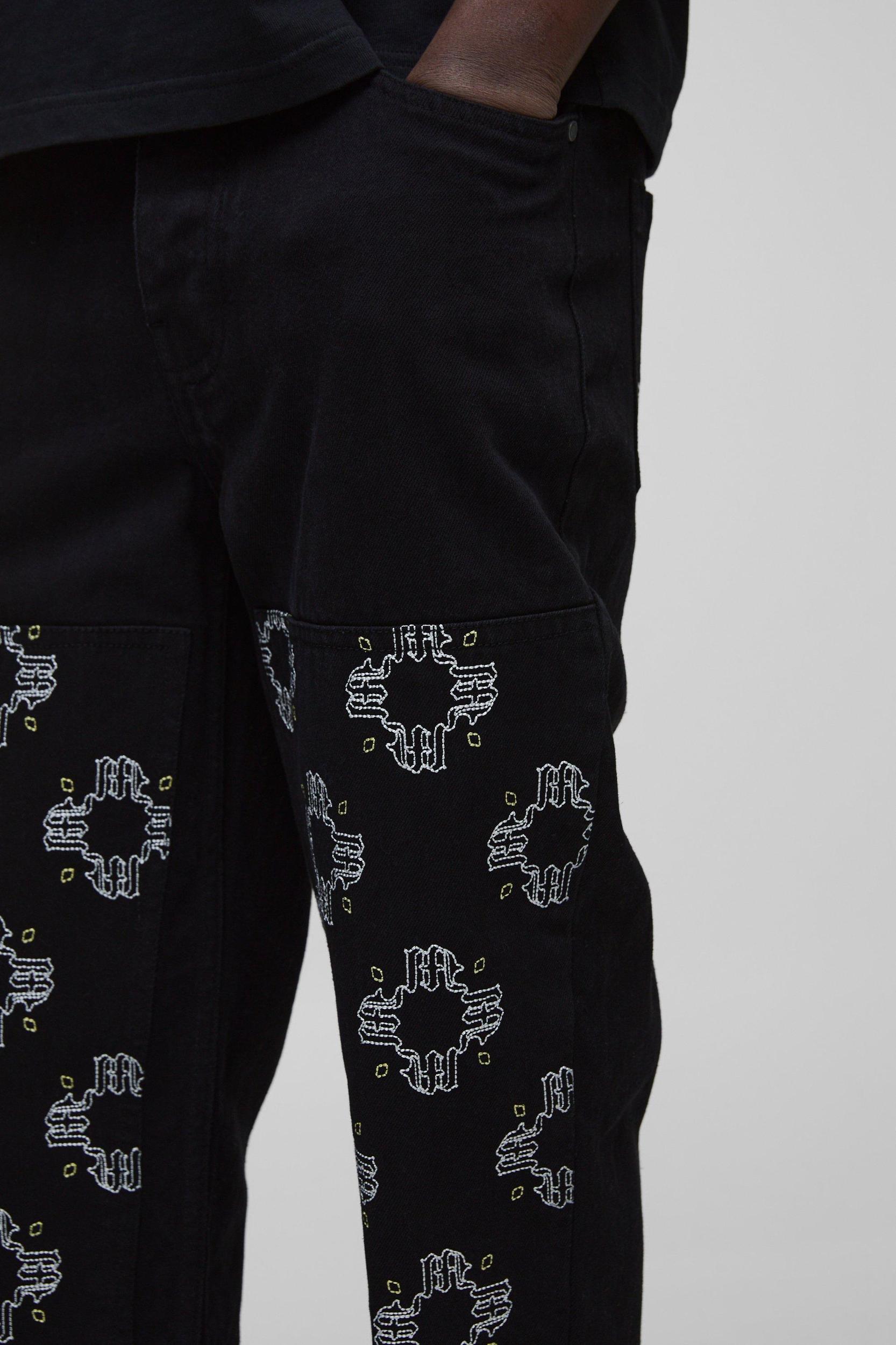 Straight Leg Floral Embroidered Carpenter Jeans | boohooMAN USA Product Image
