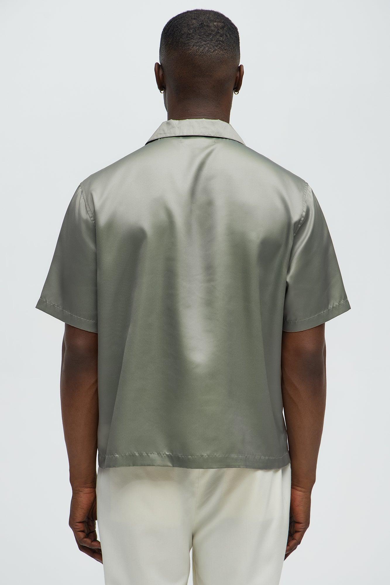 Satin Cuban Collar Button Up - Grey Product Image