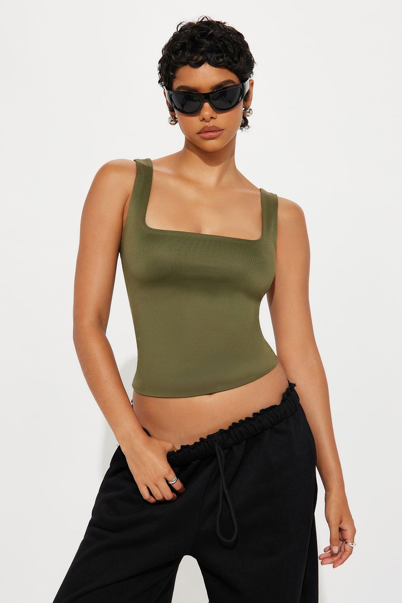 Contour Double Lined Square Neck Tank Top - Military Green Female Product Image