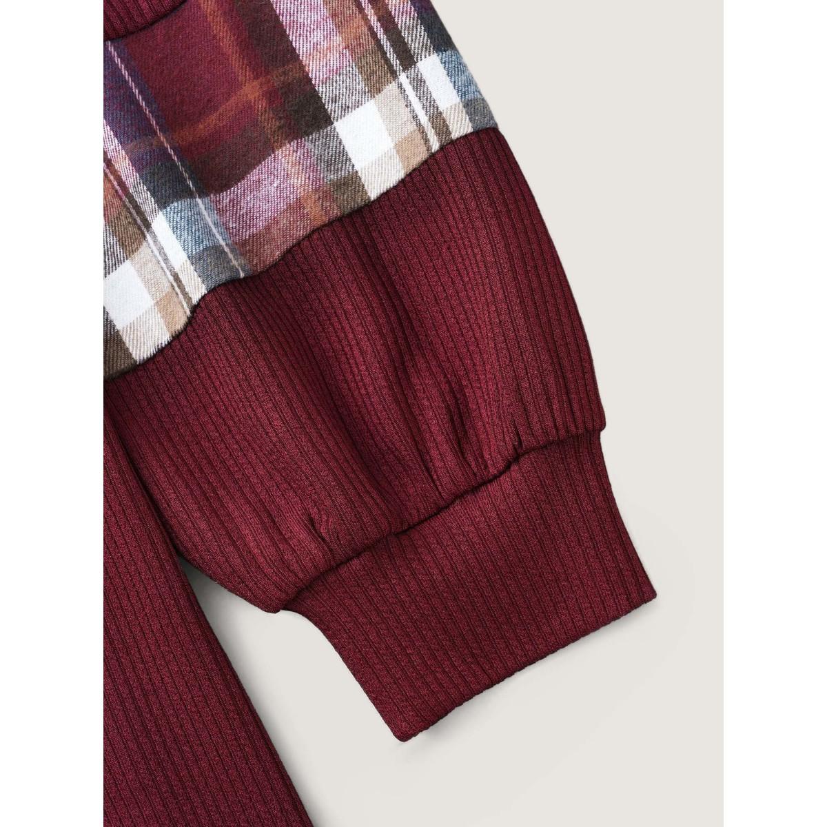 Plus Size Plaid Patchwork Raglan Sleeve Sweatshirt Women Burgundy Leisure Texture Round Neck Casual Sweatshirts BloomChic 22-24/3X Product Image