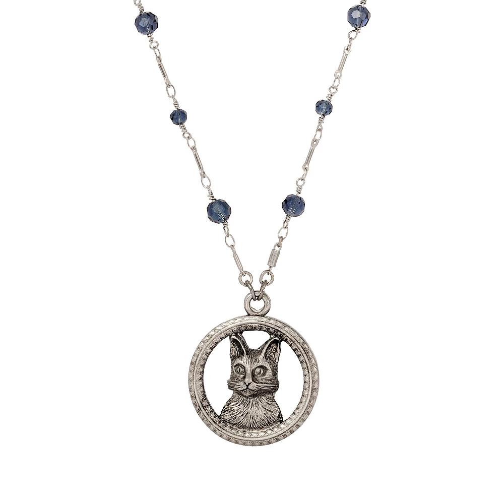 1928 Silver Tone Glass Bead Chain Cat Necklace, Womens, Blue Product Image