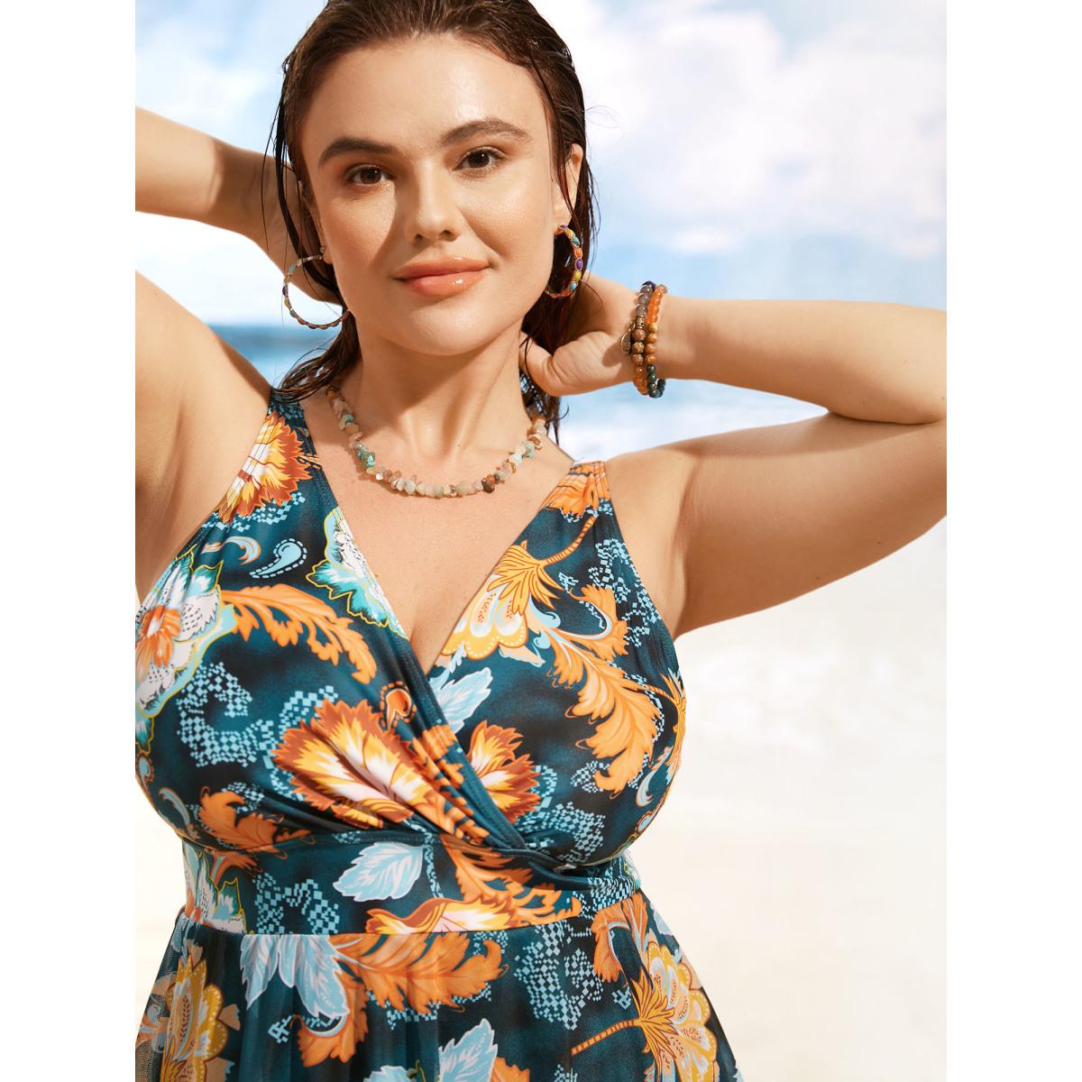 Plus Size Overlap Collar Contrast Floral Mesh Swim Dress Women's Swimwear Cyan Beach Bodycon Overlap Collar High stretch Curve Swim Dresses BloomChic 18-20/2X Product Image