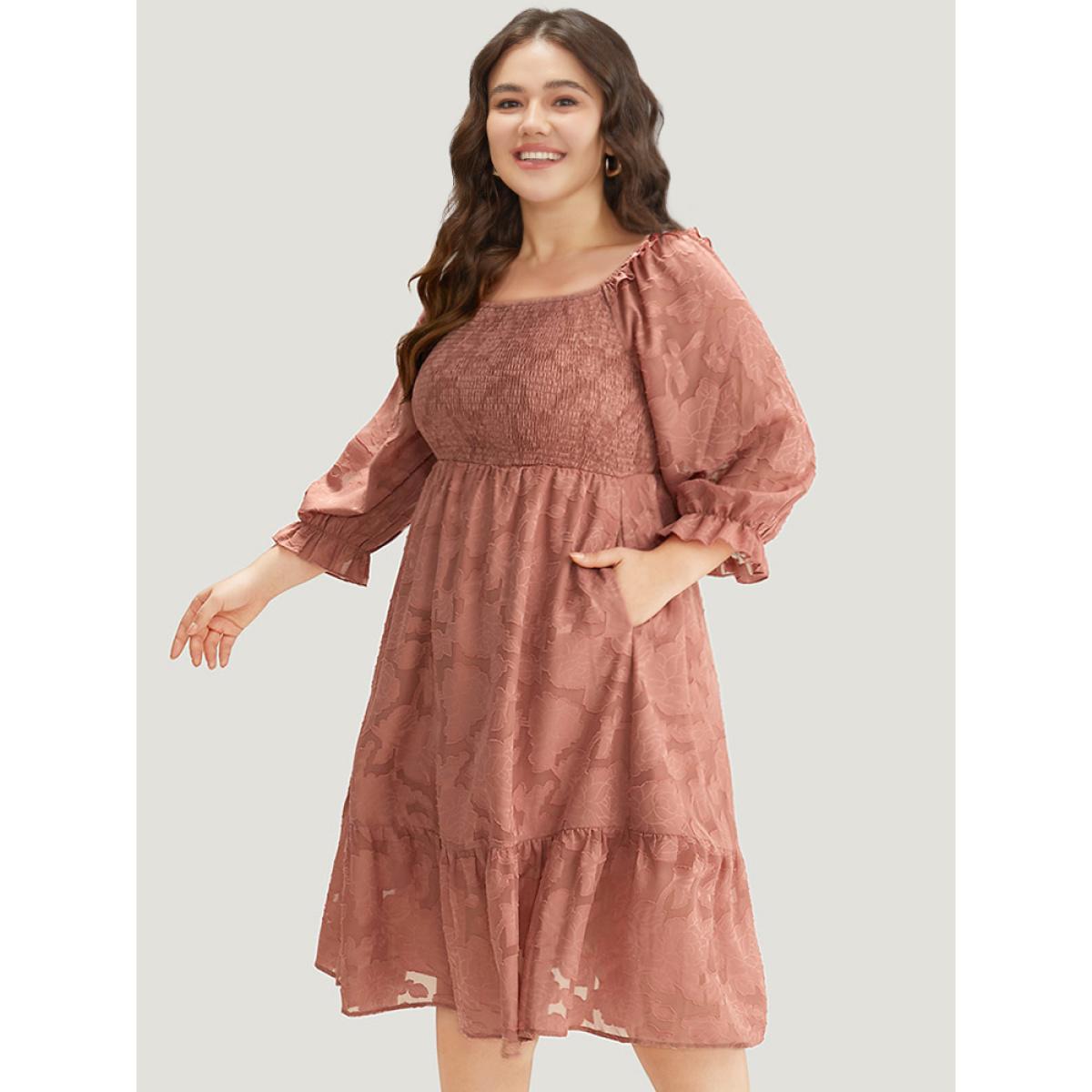 Plus Size Plain Pocket Frill Trim Lantern Sleeve Dress Watermelon Women Elegant Elastic cuffs Square Neck Elbow-length sleeve Curvy Midi Dress BloomChic 22-24/3X Product Image