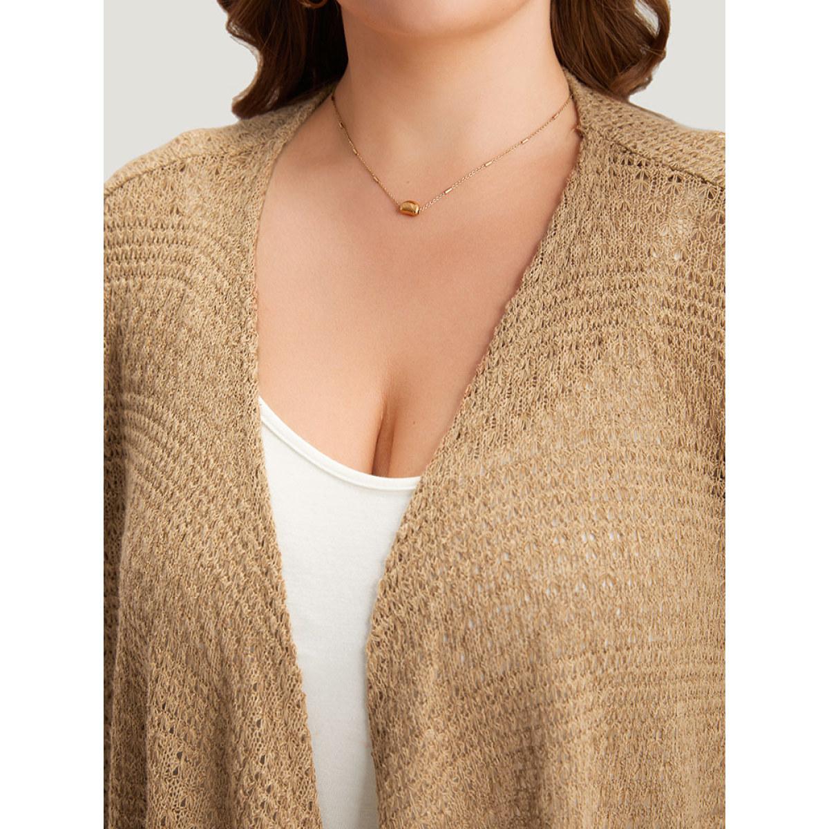 Plus Size Plain Texture Asymmetrical Hem Drape Kimono Women Tan Casual Drape Everyday Kimonos BloomChic 10/M Product Image