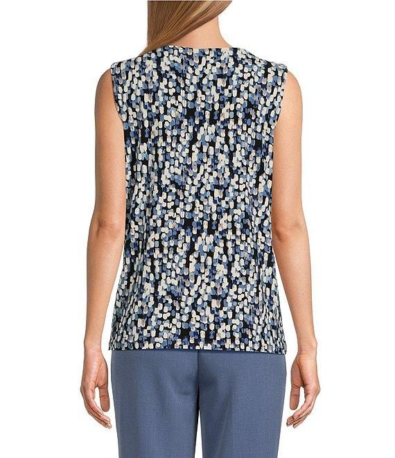 Kasper Stretch Abstract Printed Pleated Keyhole Neckline Sleeveless Top Product Image