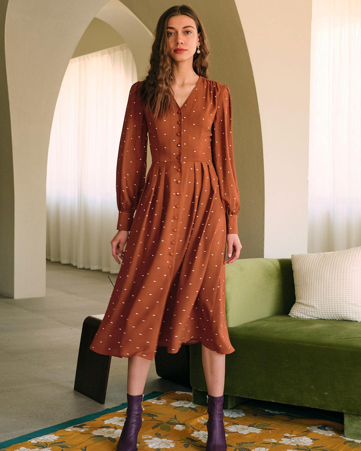 Brown Polka Dot Pleated Midi Dress Female Product Image