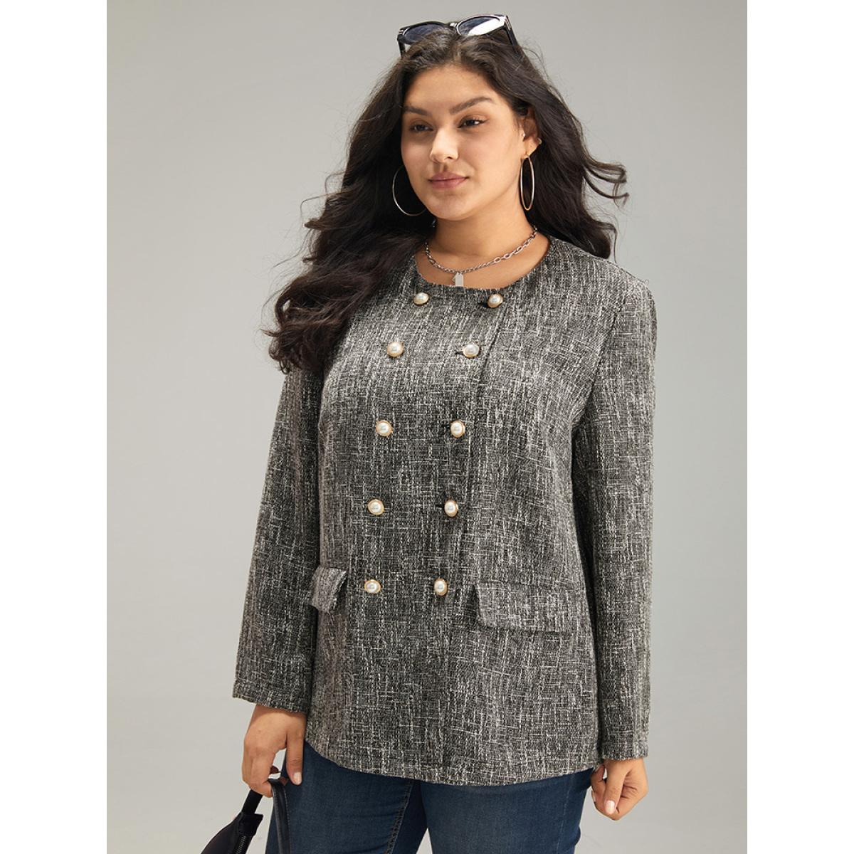 Plus Size Tweed Plisse Double Breasted Flap Pocket Coat Women Black Casual Texture Ladies Dailywear Winter Coats BloomChic 10/M Product Image