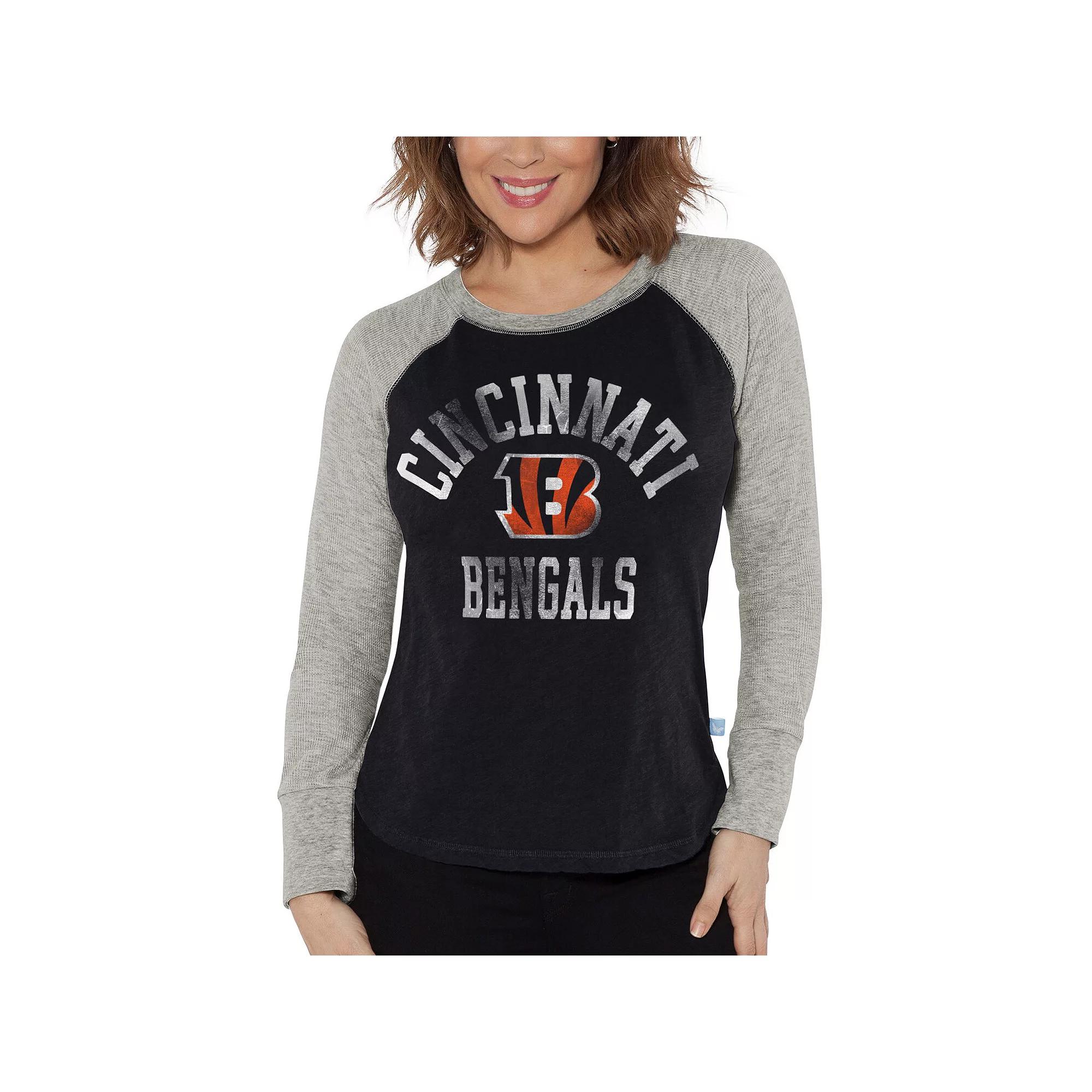 Women's G-III 4Her by Carl Banks Black/Heather Gray Cincinnati Bengals Waffle Knit Raglan Long Sleeve T-Shirt,  Product Image