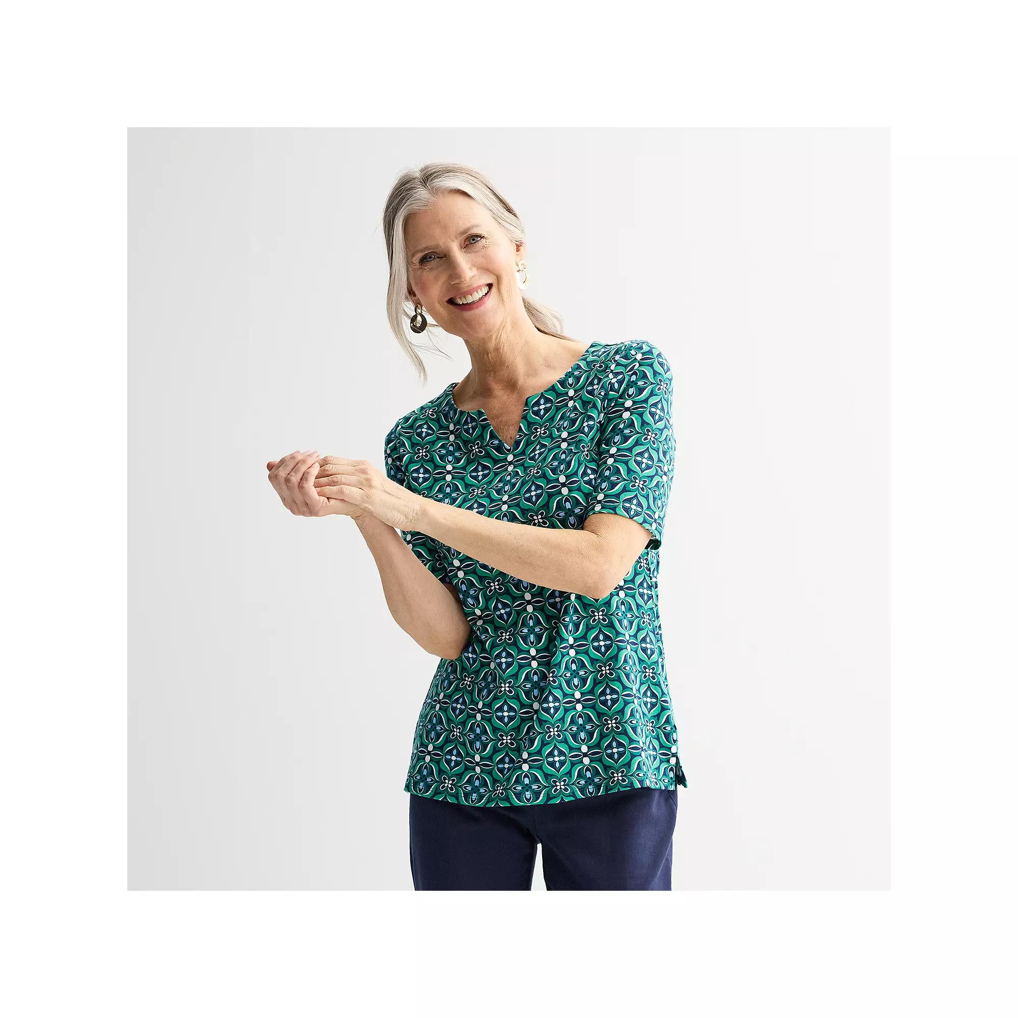 Women's Croft & Barrow® Elbow-Sleeve Splitneck Top, Size: Large, Green Mod Tile Product Image